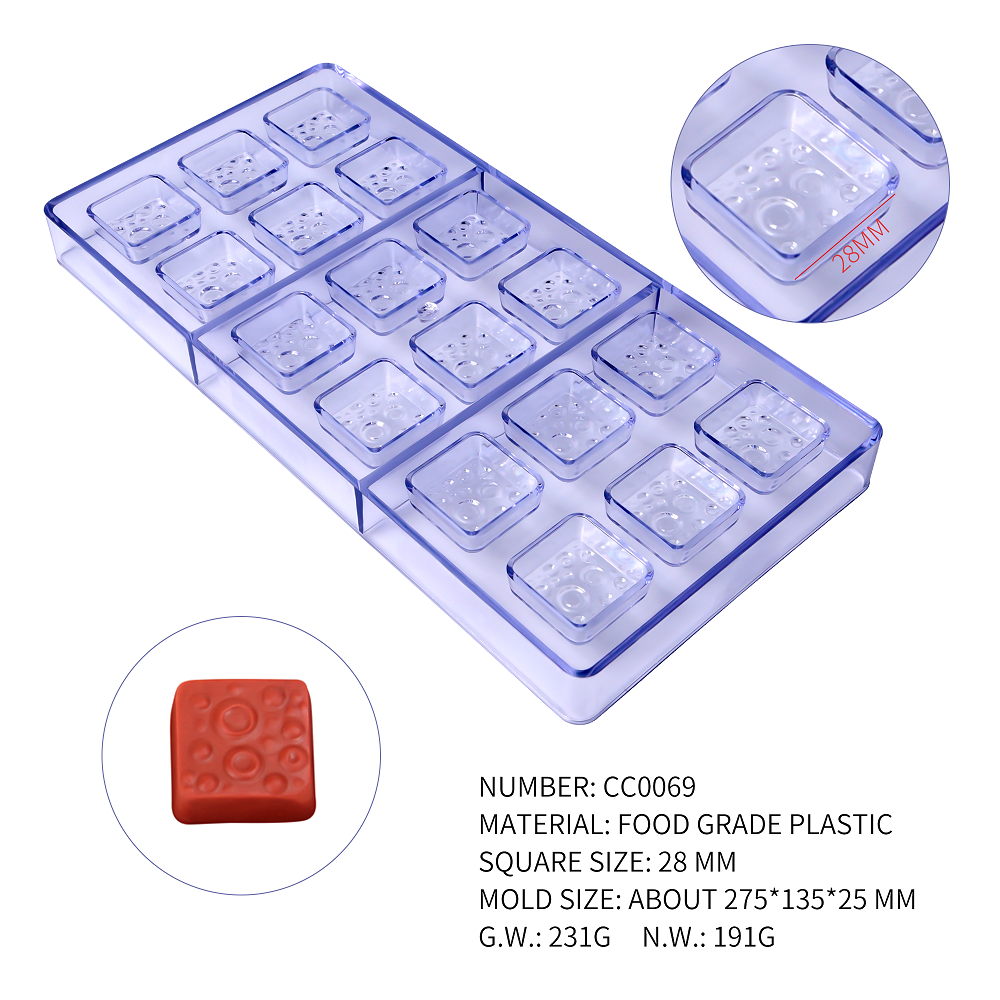 CC0069 Polycarbonate 18 Square with Bubbles Shape Chocolate Mould DIY Baking Mold