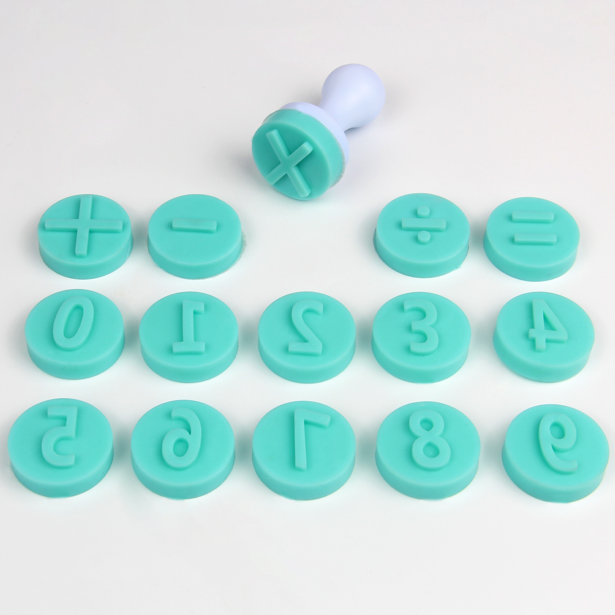 HB1057I 16pcs Silicone Numbers&Calculation Symbols Stamp Set with plastic press handle